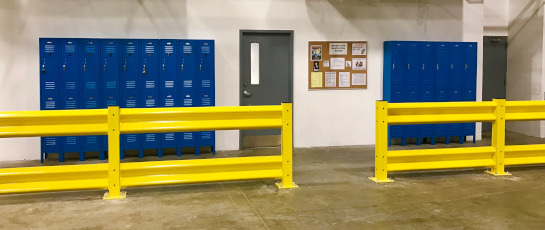 Double Rail Heavy duty guardrail to protect employee entrance breakroom and locker area